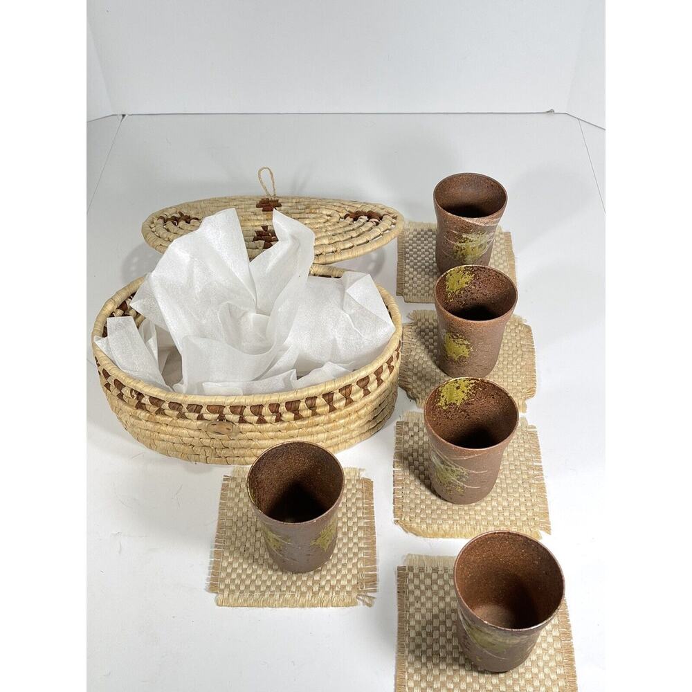 Vintage Unique Asian Tea Sewing Basket + 5 Handmade Stoneware Teacups + Coasters